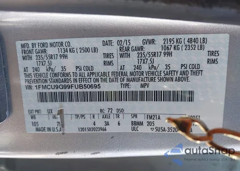 2015 Ford Escape Se from USA, damaged, VIN 1FMCU9G99FUB50695
